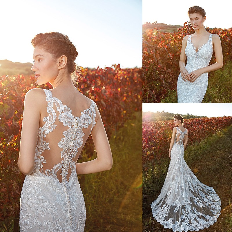 

Eddy K Couture Covered Button Mermaid Wedding Dresses Sleeveless Beads Appliques Lace Sheath Wedding Dress Court Train Bridal Gown, Brown