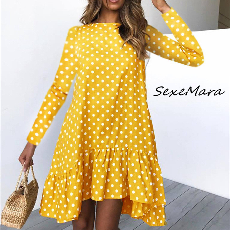 

Autumn 2019 Long Sleeve Dot O-neck Women Dress Elegant Casual Fashion Ruffles Losse Midi Dress, Blue