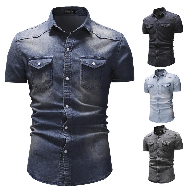 

Men's brand new creative personality business casual short sleeve wash denim shirts men shirt long sleeves dress shirt for men, Light grey