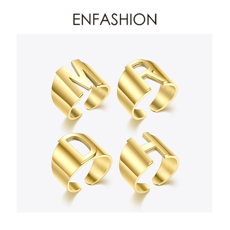 

Cluster Rings ENFASHION Punk Hollow Letter Ring Gold Color Stainless Steel Initial Open Finger For Women Fashion Jewelry Wholesale R4047