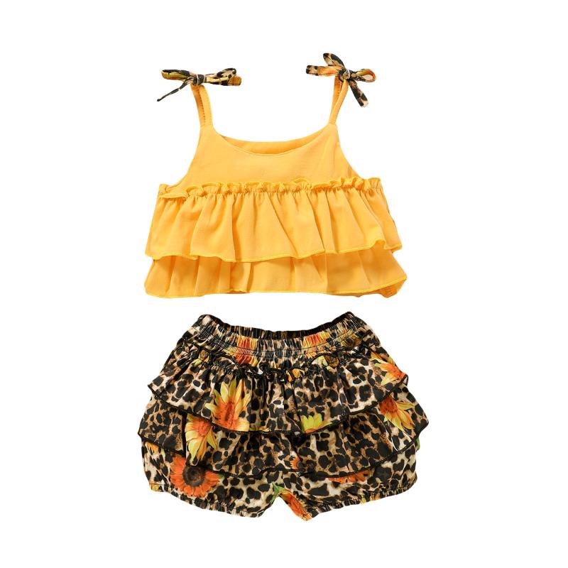 

Newborn Baby Girl Clothes Summer Solid Color Strap Ruffle Tops Sunflower Leopard Print Short Pants 2Pcs Outfits Sunsuit, As pic
