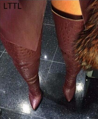 

Hot Sale-r Over The Knee High Boots Crocodile Thigh High Booties Female Fashion High Heel Shoes Woman Boot, Black