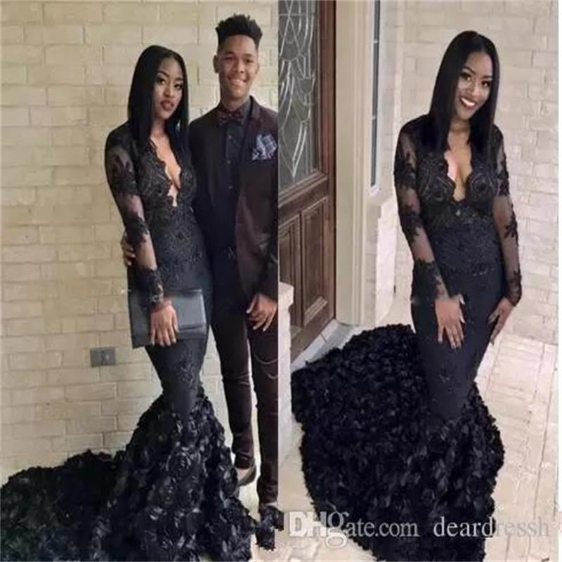 

2019 Black Girls Mermaid Prom Dresses Lace Appliques V Neck Slim Formal Women Evening Party Gowns With 3D Flowers Adorned Vestidos De Soiree, Light yellow