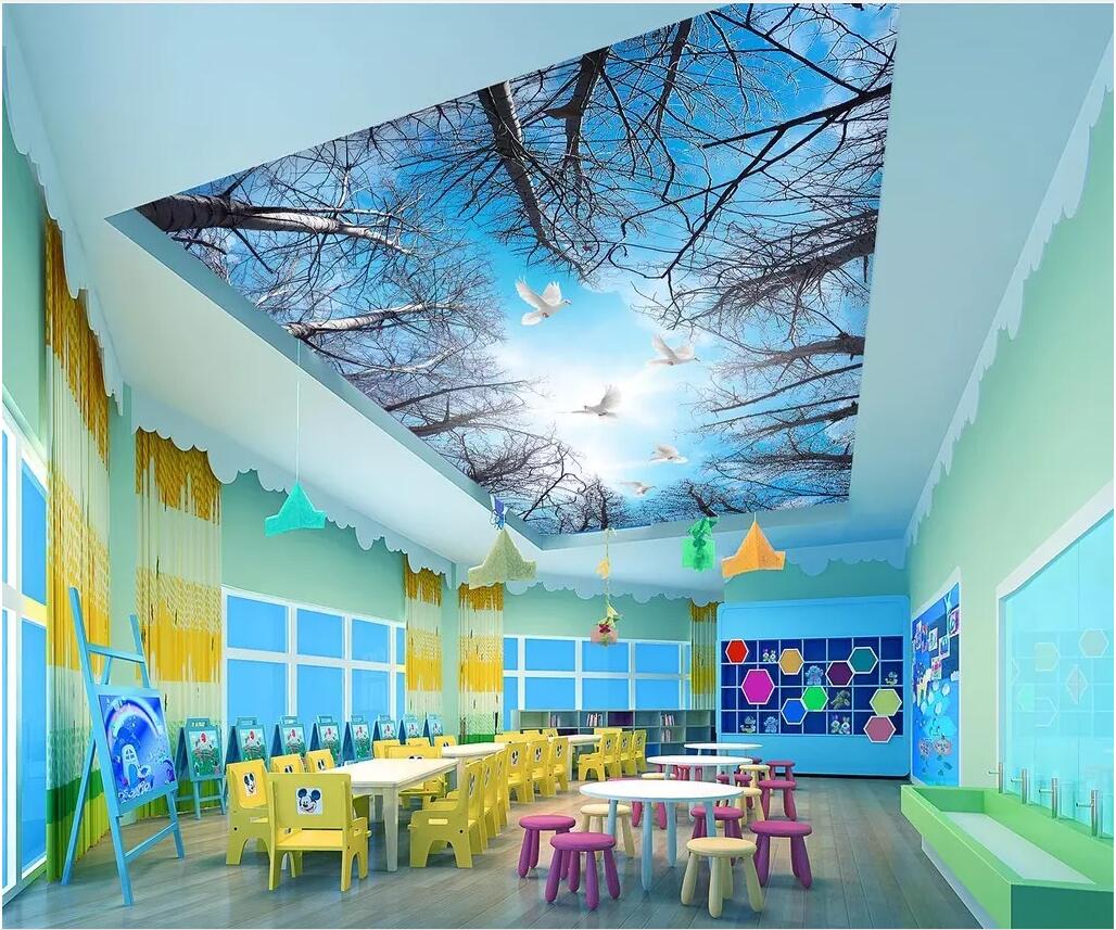 

3d ceiling murals wallpaper custom mural Hd dry tree art blue sky forest white clouds room home decor 3d wall murals wallpaper for walls 3 d, Non-woven wallpaper