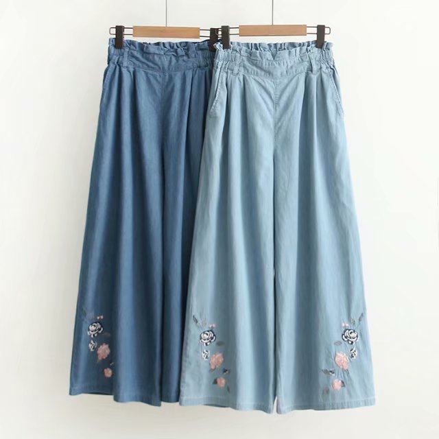 

2019 Spring Summer Women Jeans breathable Elastic High Waist Embroidery Wide leg pants Thin Softener Denim Trousers, Blue