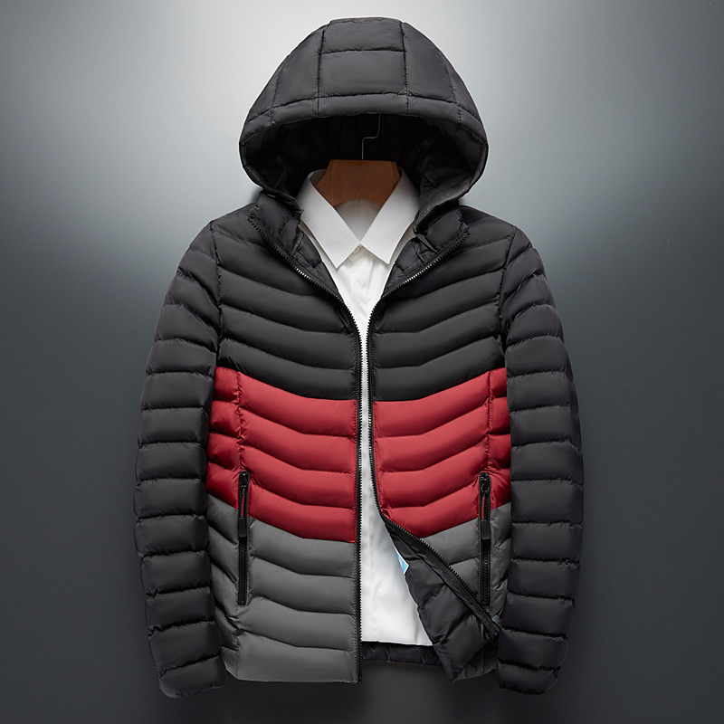 

New 2020 fashion European and American cotton clothing men's ribs clothing color insert stitching removable hooded down jacket, Blue9875
