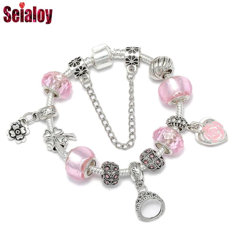 

Seialoy Fashion Pink Crystal Crown Charm Bracelets For Women Girl Original Heart Flower Pendant Shiny Beads Bangle Party Jewelry