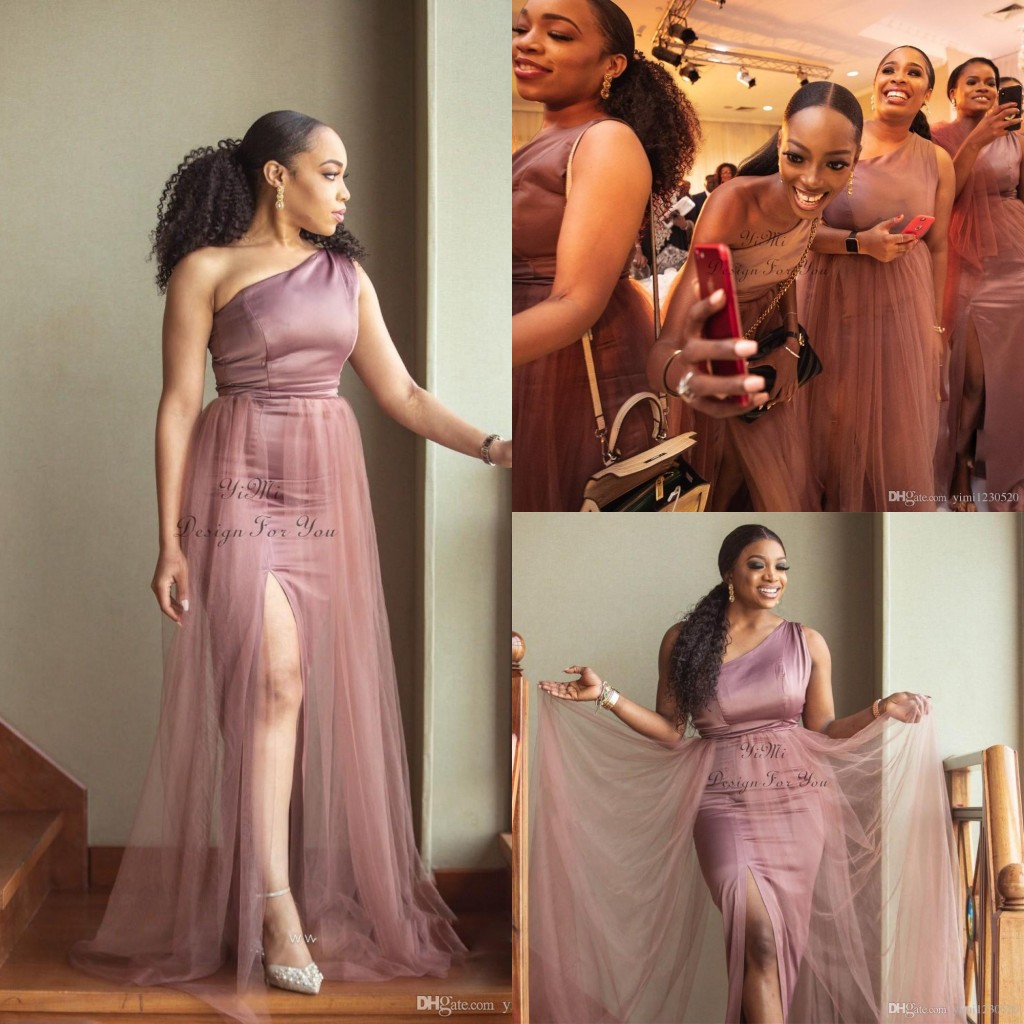 

One Shoulder 2020 Mermaid Bridesmaid Dresses Side Split Plus Size Wedding Guest Gowns Dusty Pink Maid Of Honor Dress robes de demoiselle
