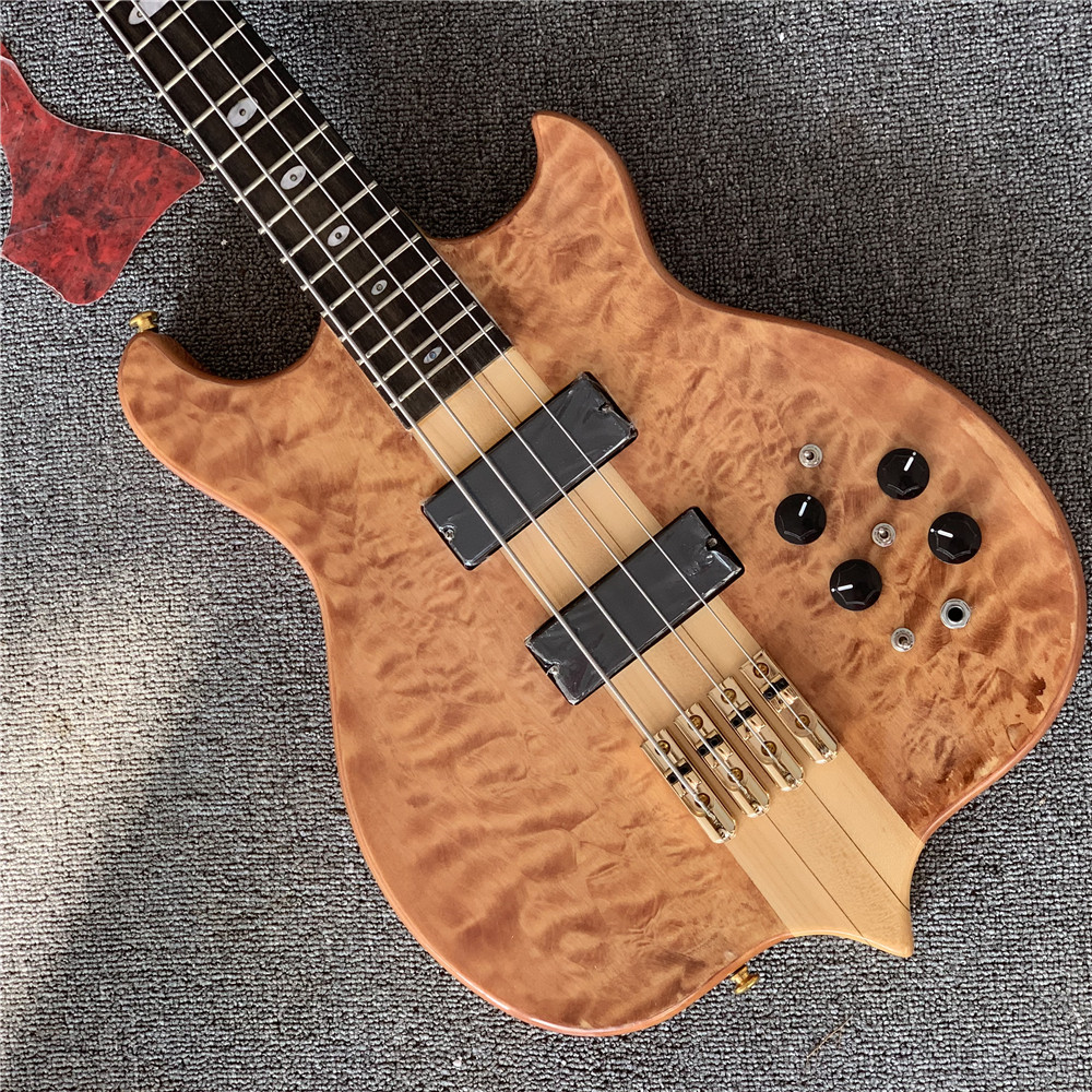 

High Quality Natural Wood Color Unusual Shape 4 Strings Electric Bass Guitar with Flame Maple Veneer,Neck-Thru-Body guitars