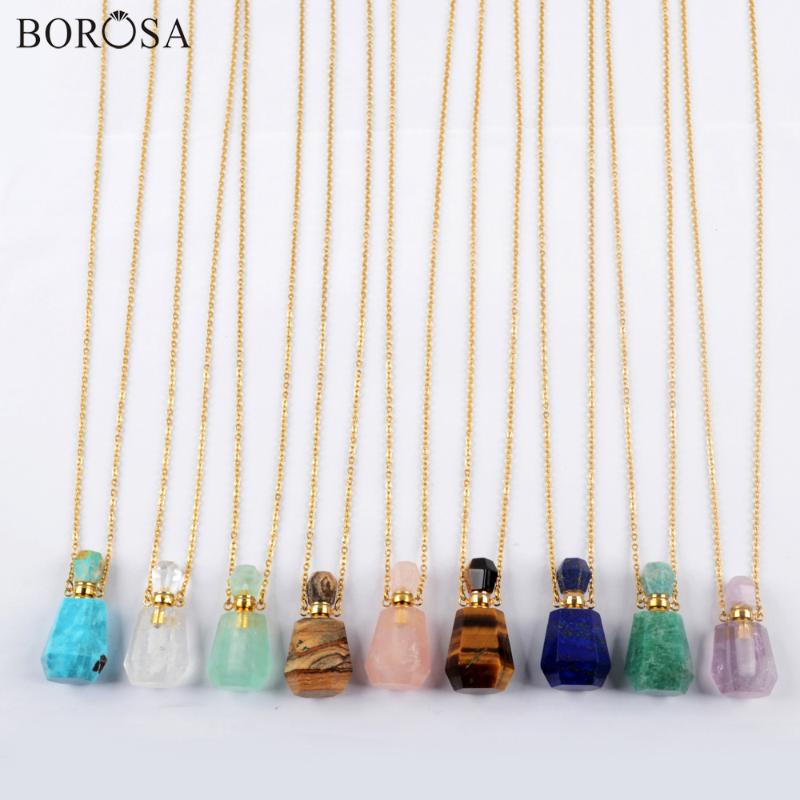 

Pendant Necklaces BOROSA 3Pcs Gold Natural Gems Stone Perfume Bottle Diffuser Essential Oil Bottles 26inch Necklace For Women G1965-N