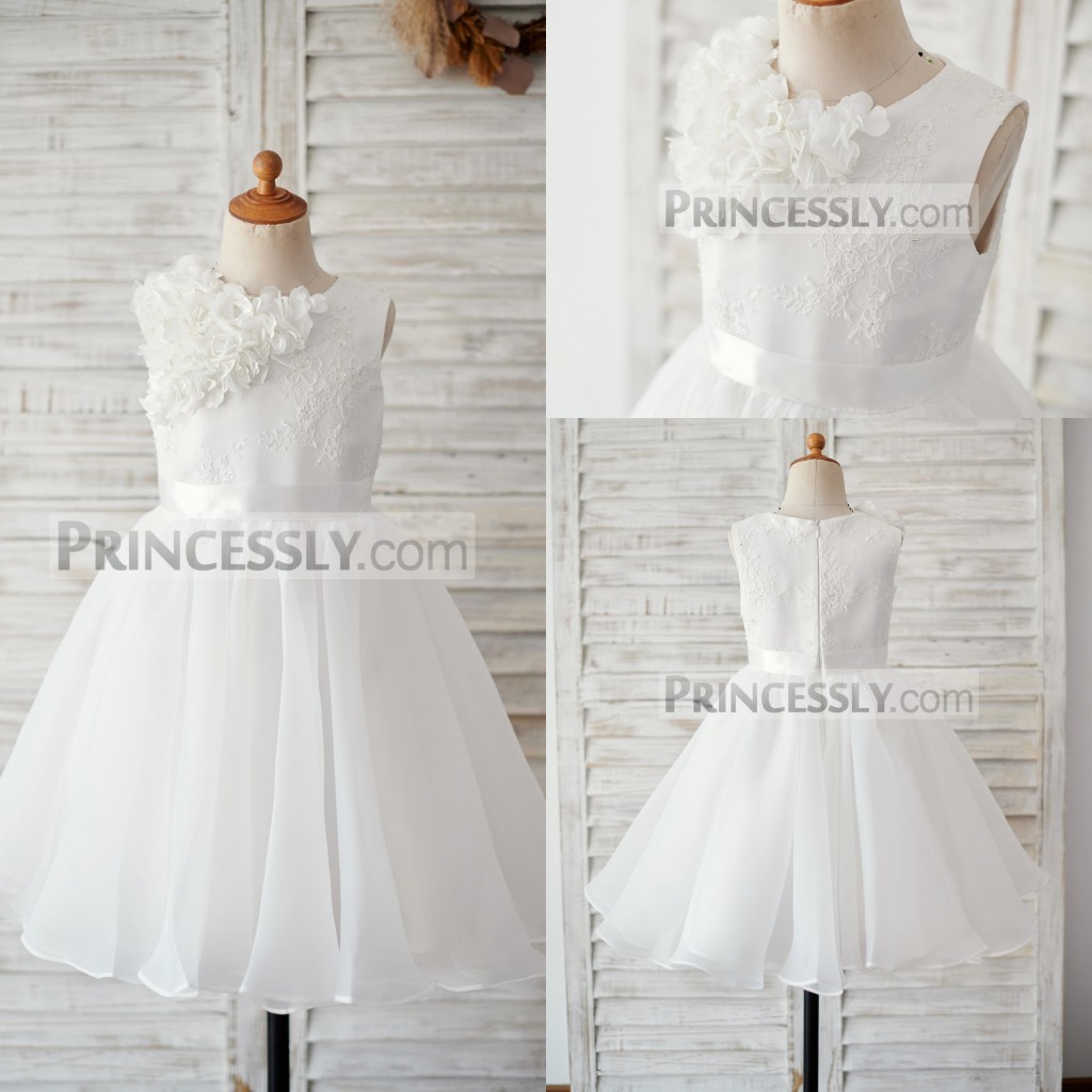

White Modest A Line Flower Girl Dress Jewel Neck Sleeveless Tulle Lace Hand Made Flower Wedding Dress Knee Length Girl's Birthday Part, Silver