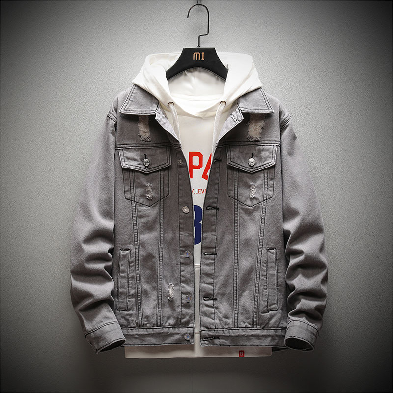 

2019 denim jacket men's autumn retro loose blue jacket trend Harajuku style hole denim clothing Korea solid color