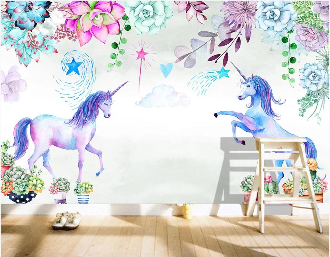

3d wallpaper custom photo mural Hand painted watercolor succulents unicorn background wall painting home decor wall art pictures, Non-woven fabric