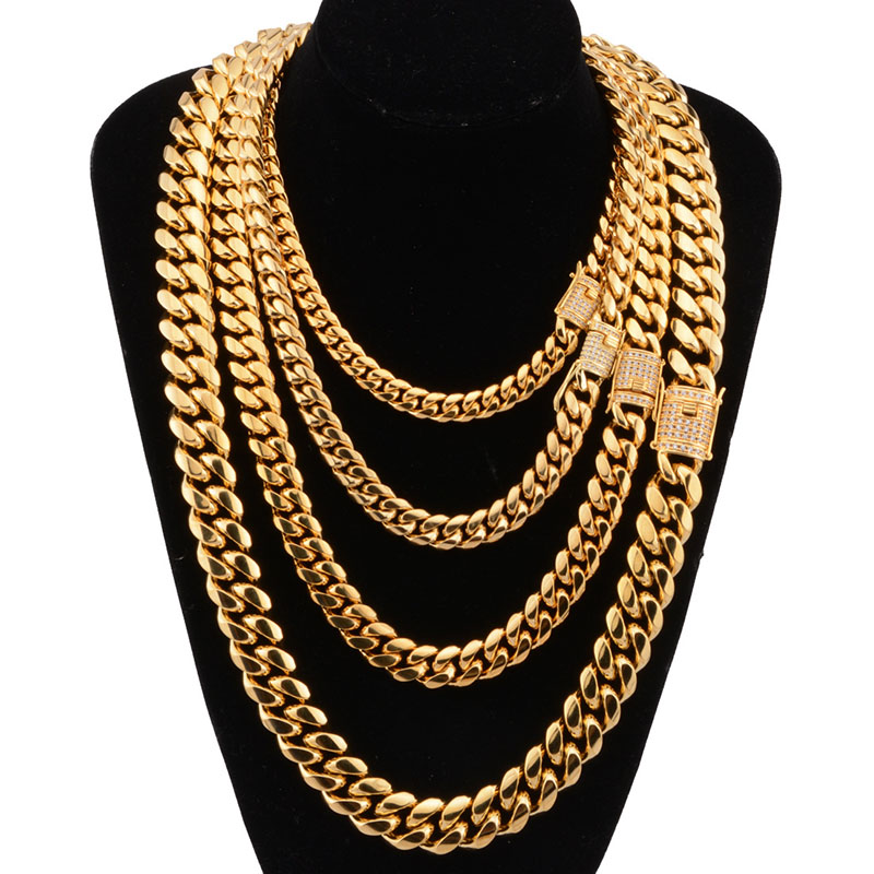

8-18mm wide Stainless Steel Cuban Miami Chains Necklaces CZ Zircon Box Lock Big Heavy Gold Chain for Men Hip Hop Rock jewelry