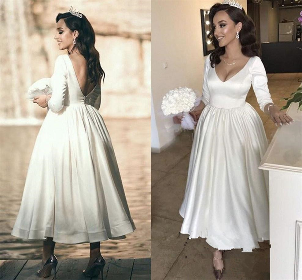 

Vintage Tea-length 1920s' Wedding Dresses 2020 Modern Long Sleeve V-neck Simple Stain Backless Bride Wedding Gown Robe De Mariee, Ivory