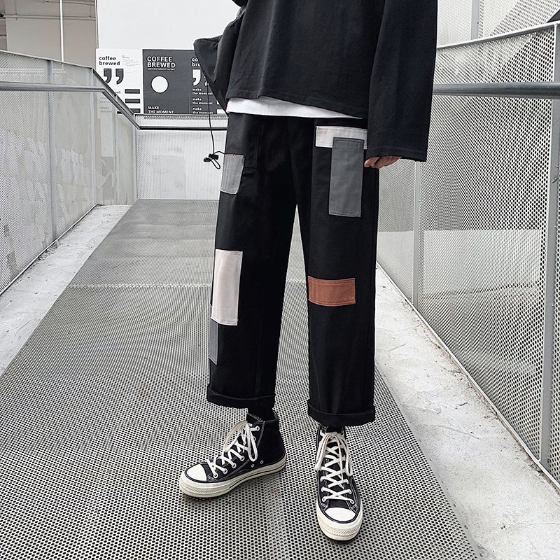 

EWQ / 2020 Tide Male Ankle-Length Pants Trend Hip-hop Casual Loose Patchwork Pants Wide Leg Overalls Hit Color 19H-a8, Black