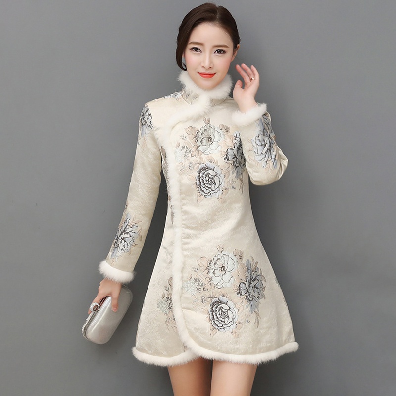

Chinese Style Cheongsam Women Temperament Plush Floral Print Dress Chinese Style Qipao 2020 New, Photo color
