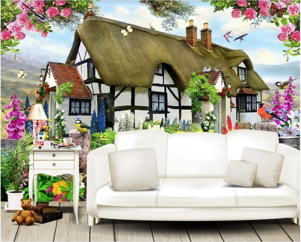 

3d room wallpaper on a wall custom photo mural Beautiful pastoral English country cottage rose garden TV background wallpaper for walls 3 d, Non-woven fabric