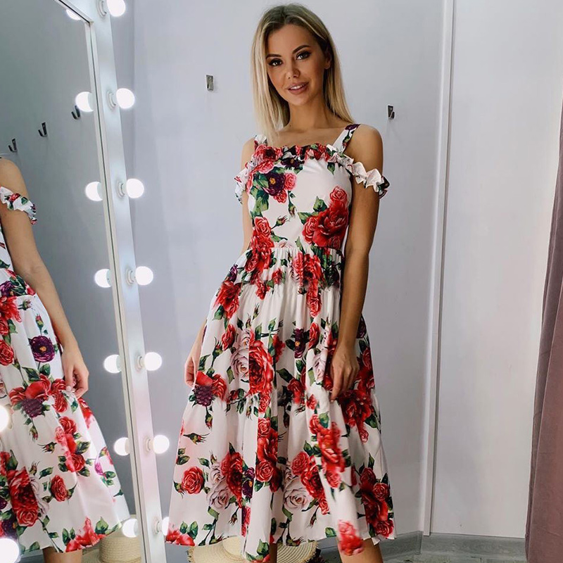 

Summer Sleeveless Print Dress Women Casual Slash Neck High Waist Spaghetti Strap Dress 2020 New, Black