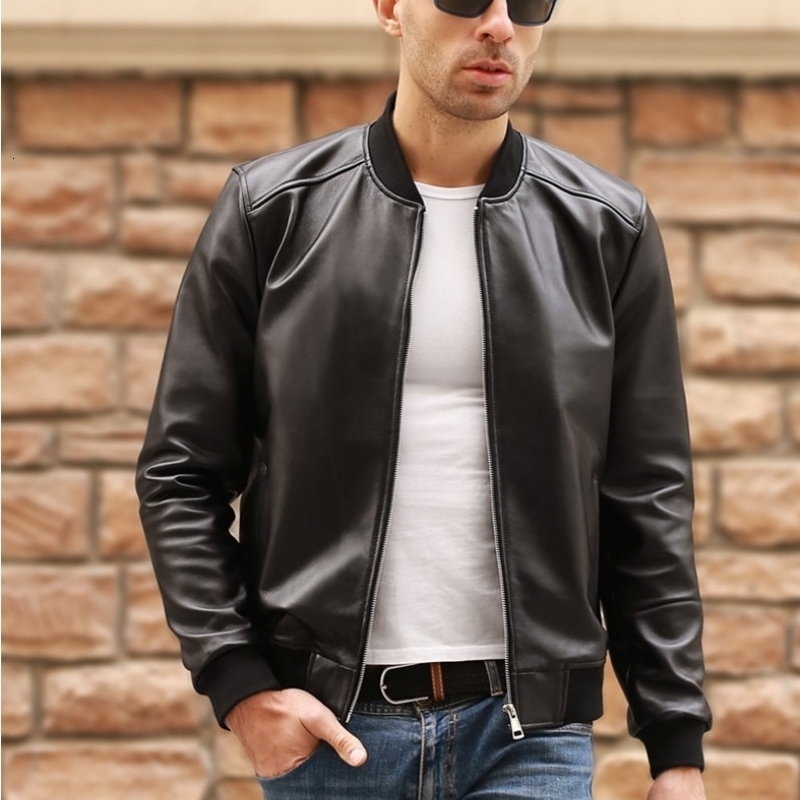 

Large Size 5XL Sheepskin Slim Aviation Genuine Leather Bomber Jacket Men Real Leather Flights Jacket Black Aviator Pilot Coats CJ191128, Black with padded