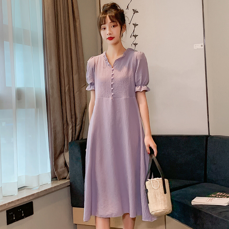 

Summer Maternity Clothes Purple Short Sleeve Ruffles V-Neck Drawstring Waist Pregnant Women Cotton Dress Elegant Formal Dress, Lavender