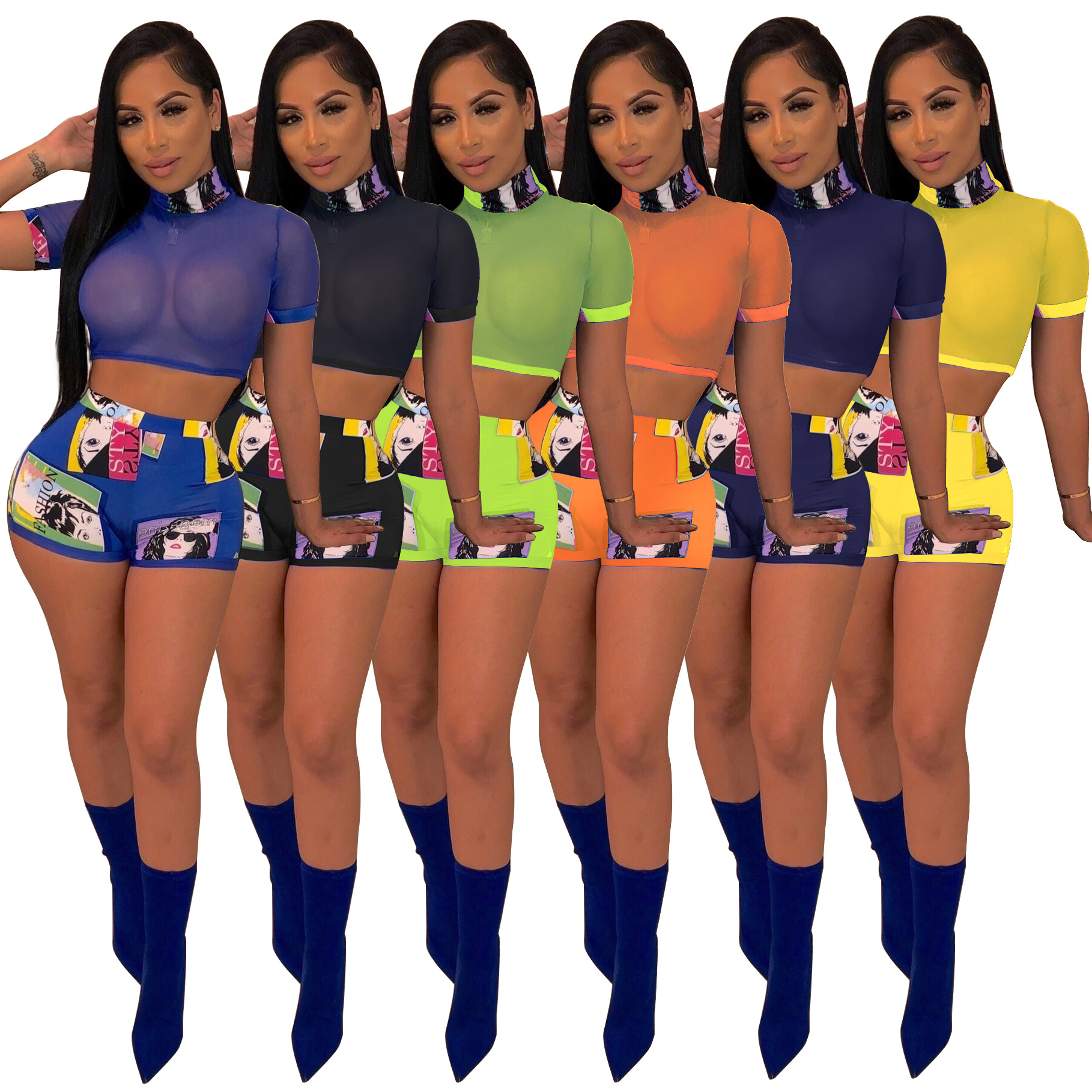 

Women Sexy Sheer Two Piece Tracksuit Mesh Short Sleeve Crop Top Print Shorts Summer Outfits sets beach club party clothes Plus Size S-3XL, Please leave a message