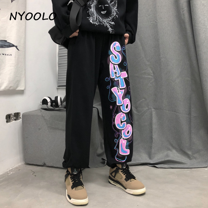 

NYOOLO Vintage streetwear Graffiti Hand Drawn Letters print Hip Hop jogger pants women men Casual elastic waist black Pants