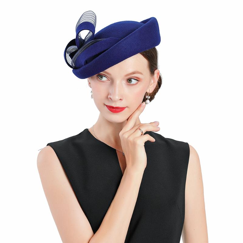 

Wedding Woman Hat Blue Fascinator Wool Vintage Pillbox Hat For Women Bow Fedora Cap Royal Banquet Headdress