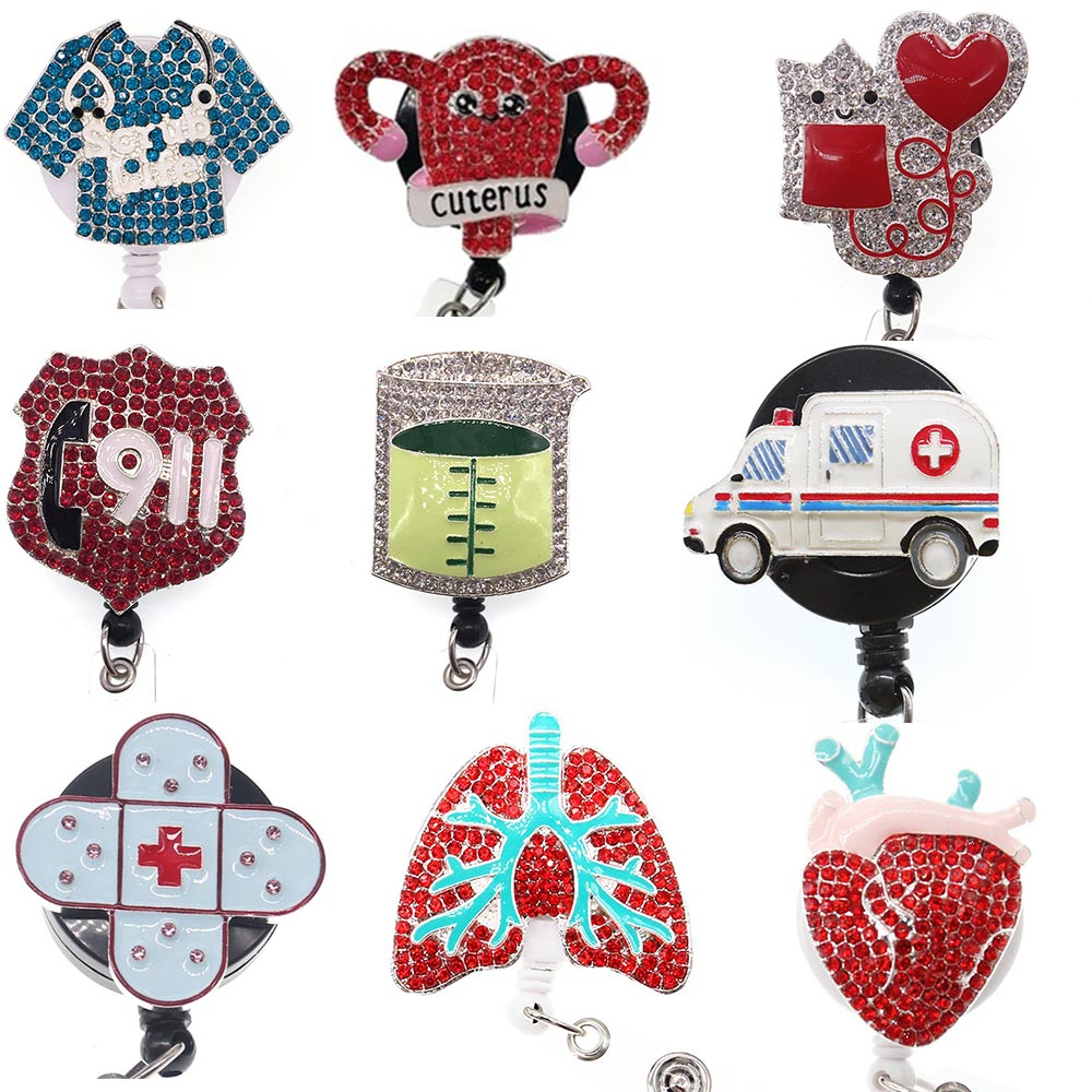 Porte-Badge rétractable en strass pour organe médical, 9 Styles pour Ambulance du cœur, du poumon et de l'utérus, vente en gros pour infirmières
