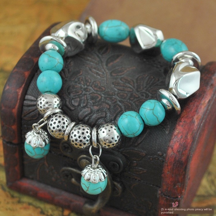 

Turquoise beads bracelet Bohemia silver ball bracelet elastic rope bracelet accessories
