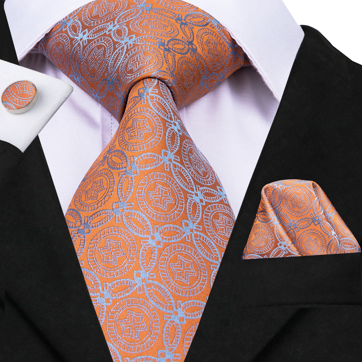 

Hi-Tie New Novelty Orange Tie 100% Silk Pattern Necktie for Men Hanky and Cufflinks Business Wedding Tie Set N-3083, Black;blue