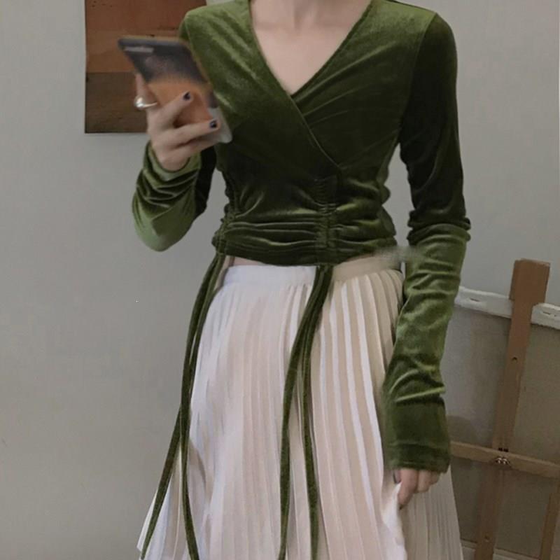 

2019 New Elegant Solid T-Shirt Women V Neck Long Sleeve Drawstring T-Shirts Short Fashion Slim Bottoming Velvet Crop Top, Black