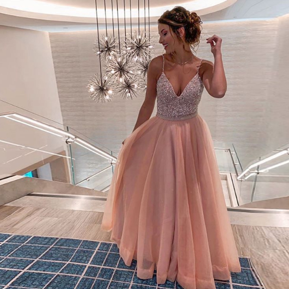 

Pink V-Neck Long A-Line Prom Dresses 2020 Sexy Spaghetti Straps Sequined Formal Party Sleeveless Evening Gowns vestido de gala, Gold
