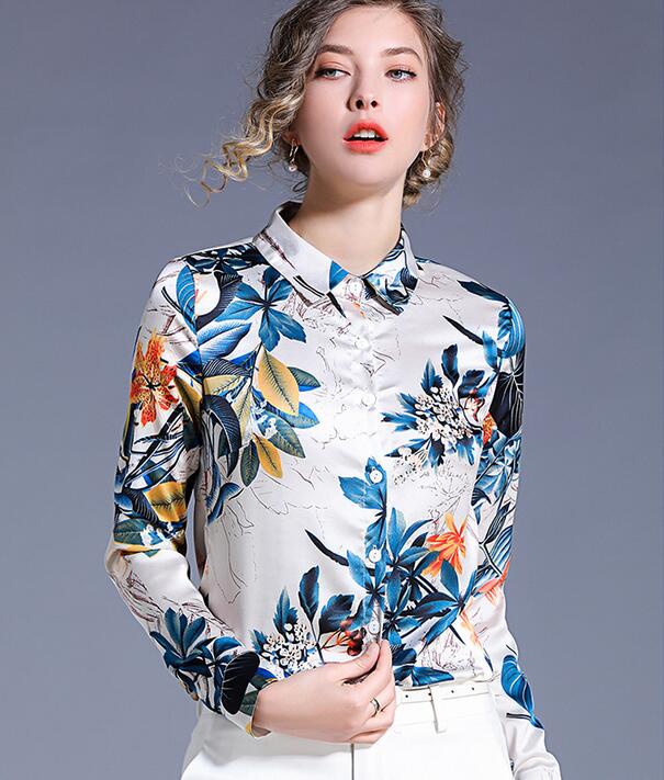 

temperament blue leaf printed long sleeve white women blouses with single breasted lapel neck ladies shirts fashion printed top, Multi
