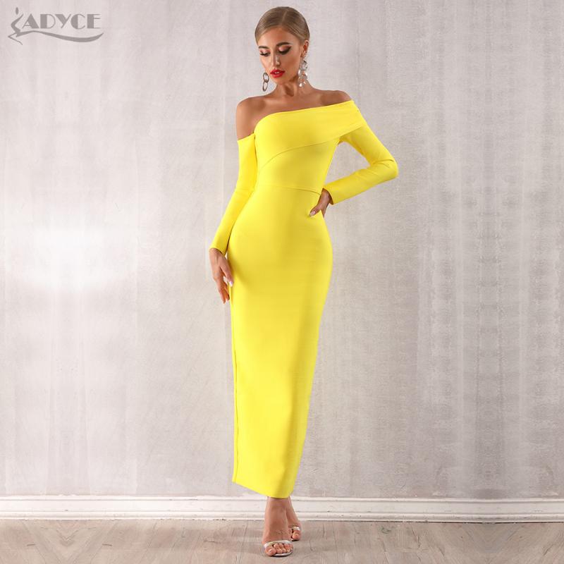 

Adyce 2020 New Arrival Sexy Women Bandage Dress Long Sleeve Yellow Draped Off Shoulder Long Maxi Celebrity Evening Party Dresses