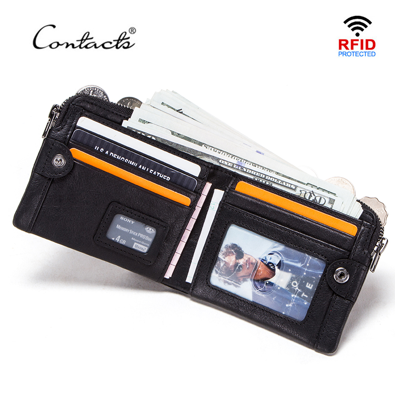 

CONTACT'S Vegetable Tanned Cow Leather Men Wallets with Coin Pocket Casual Male Purse Small Card Holder Portfolio, Black