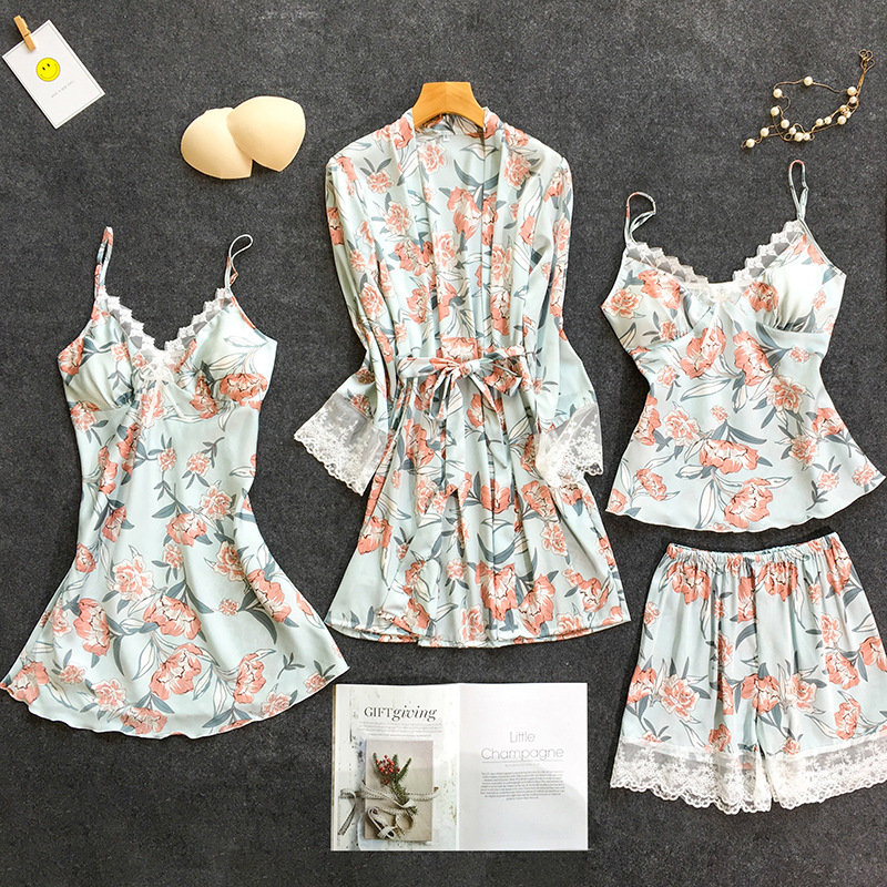 

2019 Summer Women Pajamas Sets 4 Pieces Satin Sleepwear Pijama Sleeveless Vest & Shorts & Bathrobe Lace Silk Nightwear Pyjama, Black