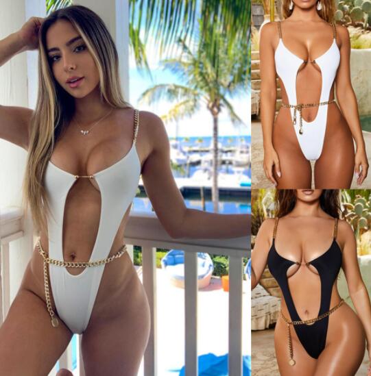 

sports Swimwear big girl Horizontal stripe contrast one piece openwork belt chain split high waist belt buckle gather yakuda Bikinis sets