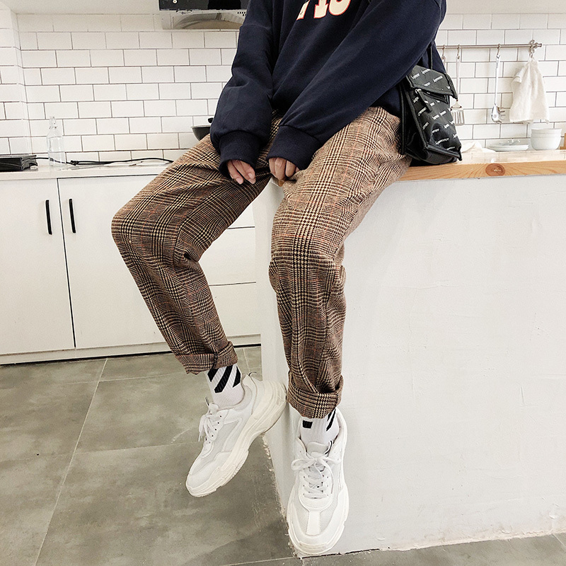 

Nice Men Lattice Printing Waist Elastic Harem Cotton Hip Hop Loose Casual Wollen Pants Fashion Youth In Warm Trousers -2XL, Dark grey