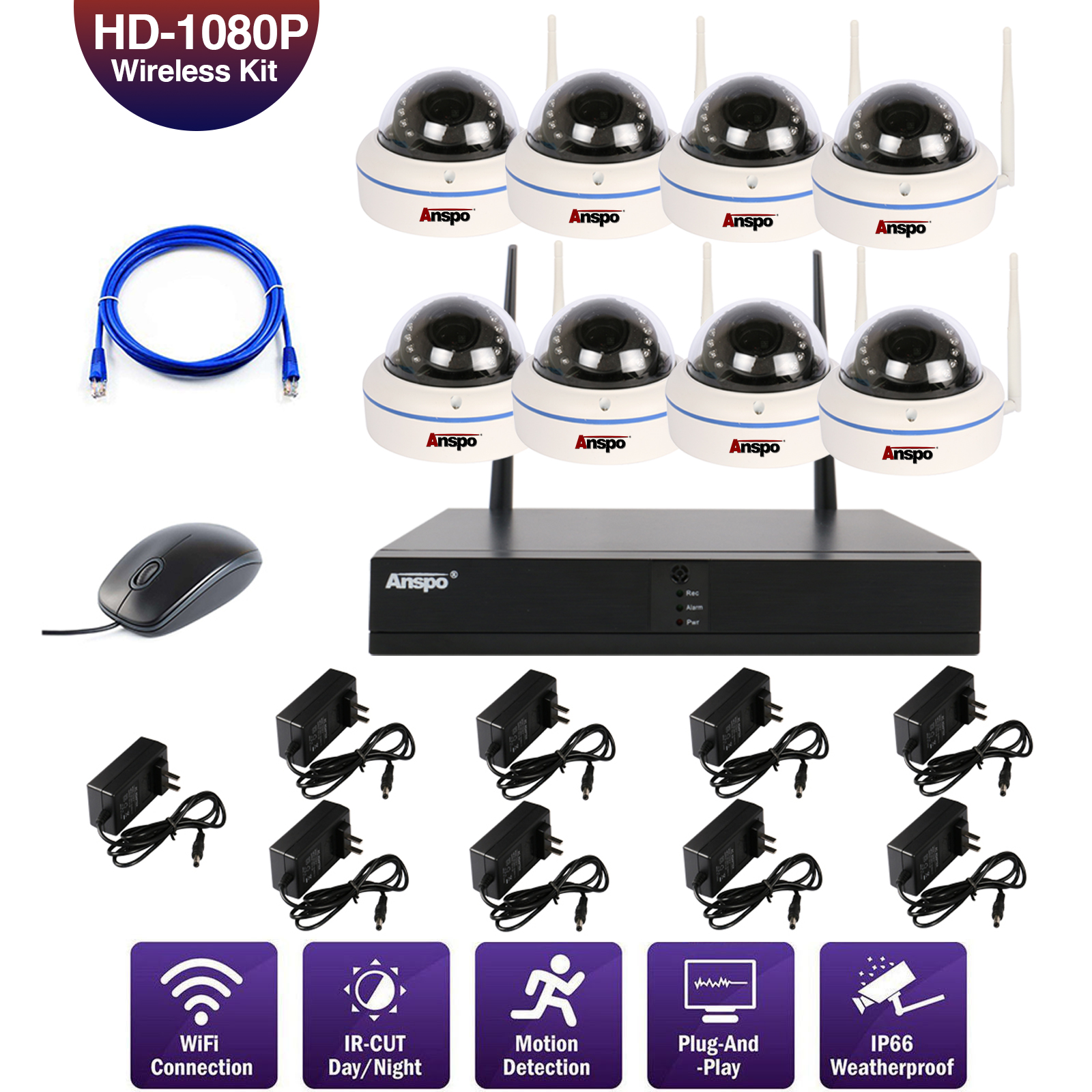 

8 CH 1080P HD Wireless WIFI Outdoor Dome CCTV Home Camera Security NVR System