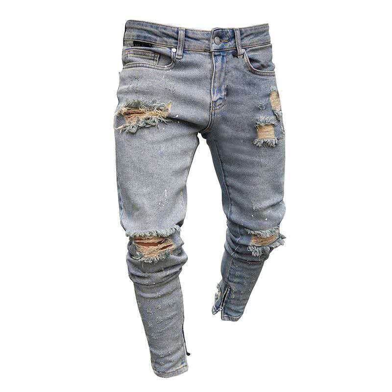 

Mens Jeans Slim Fit Big Hole Pencil Pants New Style High Elastic Summer Street Hip Hop Urban Wind Casual Pants, Blue