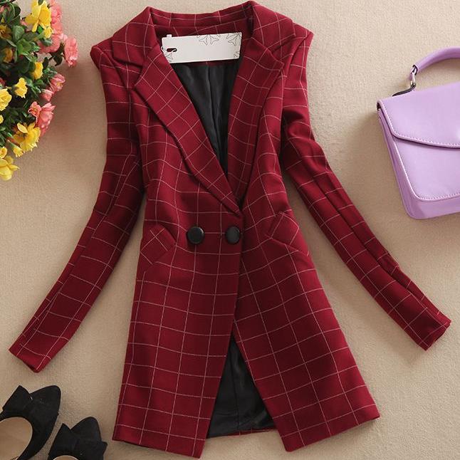 

Womens Red Plaid Blazer collar Long Sleeve office lady suit, Black