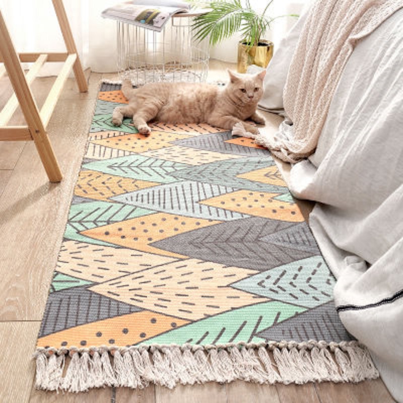 

Household Carpet Handmade Tassel Woven Cotton Linen Carpet Bed Ins Wind Floor Mat Long Home Decoration Mat