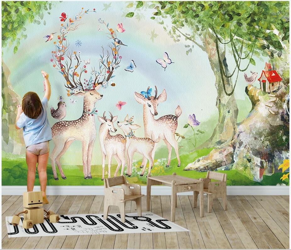 

WDBH custom photo 3d wallpaper Beautiful idyllic forest rainbow elk family background wall sticker home decor wallpaper for kids room, Non-woven
