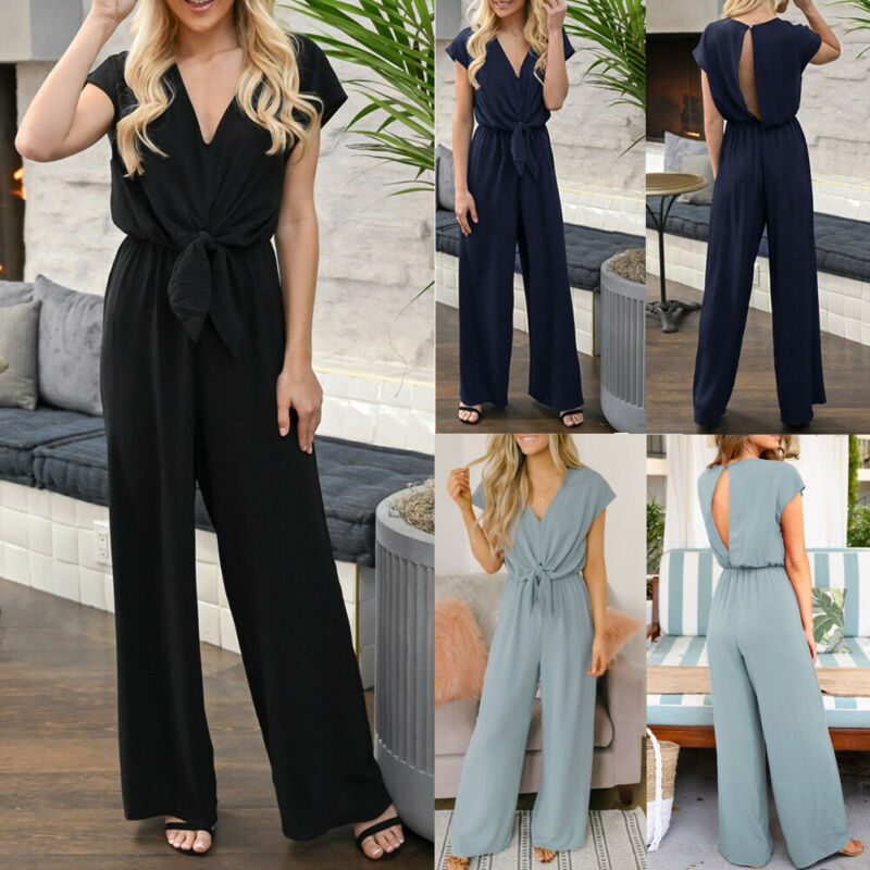 

Fashion Women` Short Sleeve Clubwear Playsuit Bodycon Party Jumpsuit Casual Ladies Solid Color Romper Trousers, Black