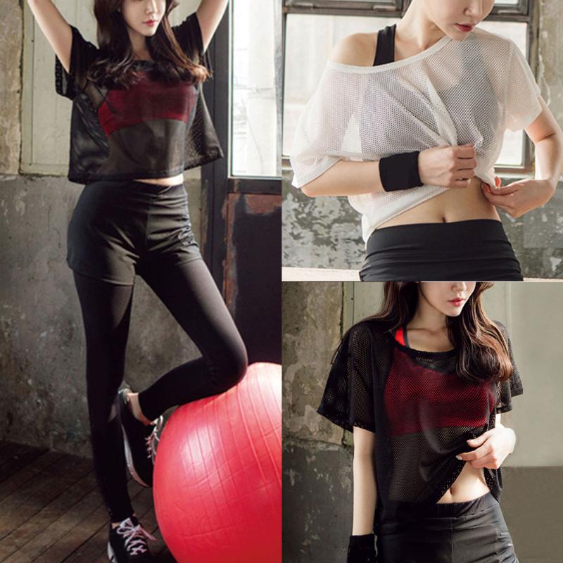 

Hot Women Short Sleeves Yoga T-shirt Mesh Breathable Quick Dry Summer Tee Fitness Tops MVI-ing, Black