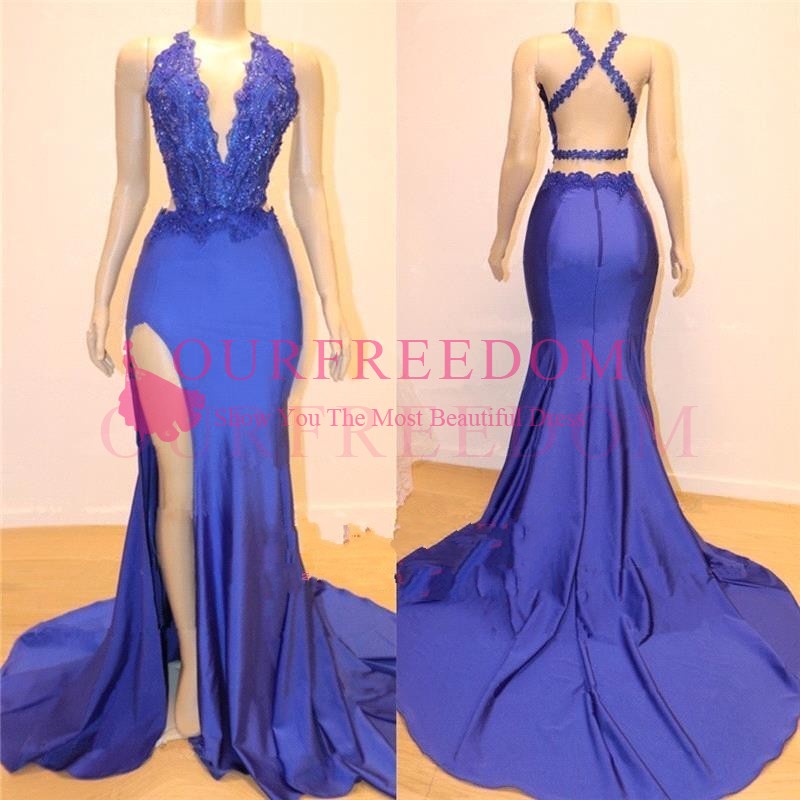 

Sexy Royal Blue Mermaid Prom Dresses 2019 Sleeveless Appliques Lace High Slit Backless Women Evening Party Gowns Black Girls, Daffodil
