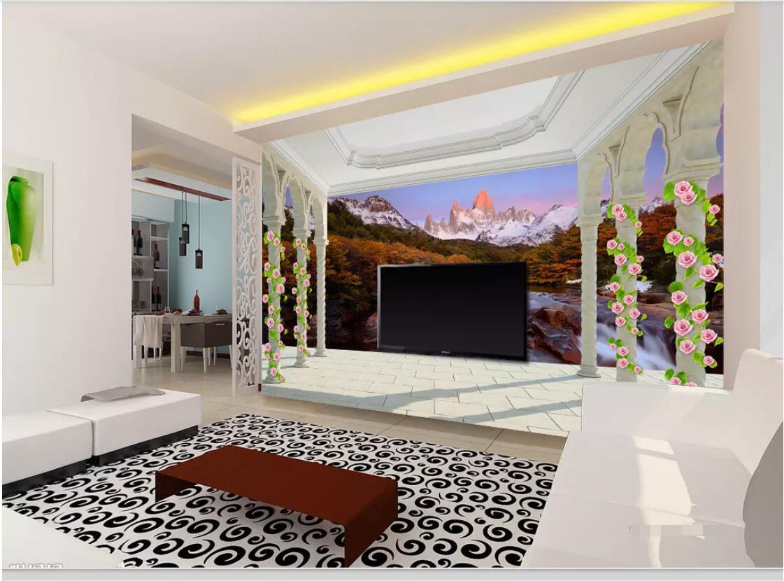 

3d wallpaper custom photo mural European-style balcony snow mountain stream scenery 3d background wall murals wallpaper for walls 3 d, Pink