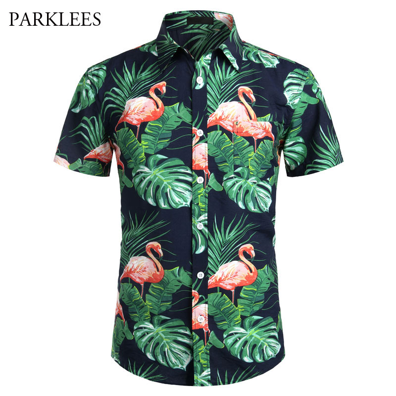 

Flamingo Print Hawaiian Shirt for Men Summer Short Sleeve Mens Cotton Beach Hawaii Shits Casual Button Up Pocket Aloha Camisas, Green