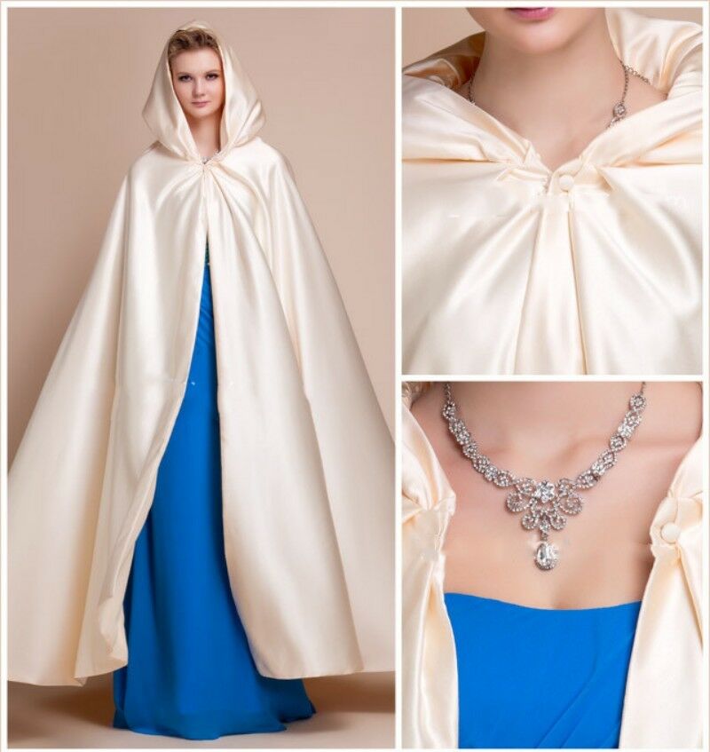 

2019 Long Bridal Champagne Cloak Hooded Satin Wedding/Party Cape Wrap Plus Size, Blue;gray